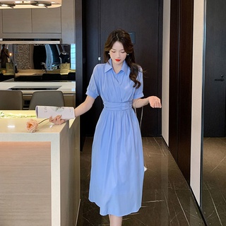 Đầm Cổ Bẻ Chiết Eo Màu Xanh Dương Ngọt Ngào