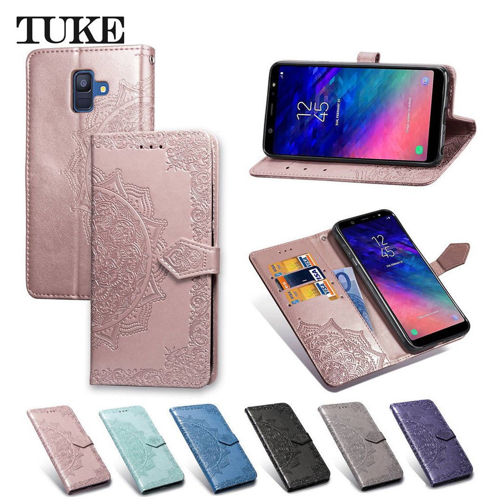 P30 Bao da điện thoại có đế đỡ gấp và ngăn để thẻ hoạ tiết nổi sang trọng cho Samsung Galaxy A6 A7 2018 A6S