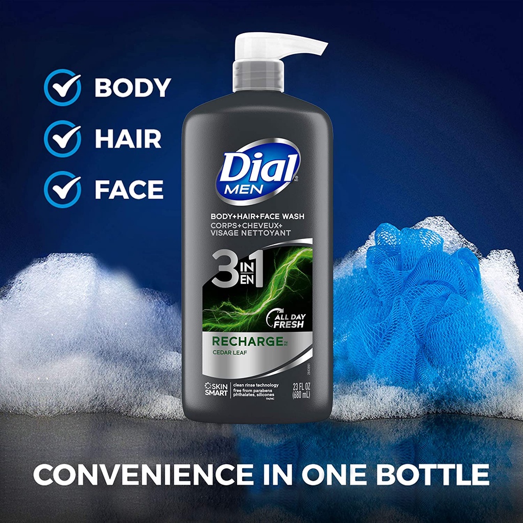 Gel tắm, gội, rửa mặt 3 trong 1 cho nam giới Dial Men 3in1 Body Hair and Face Wash Recharge 680ml (Mỹ)