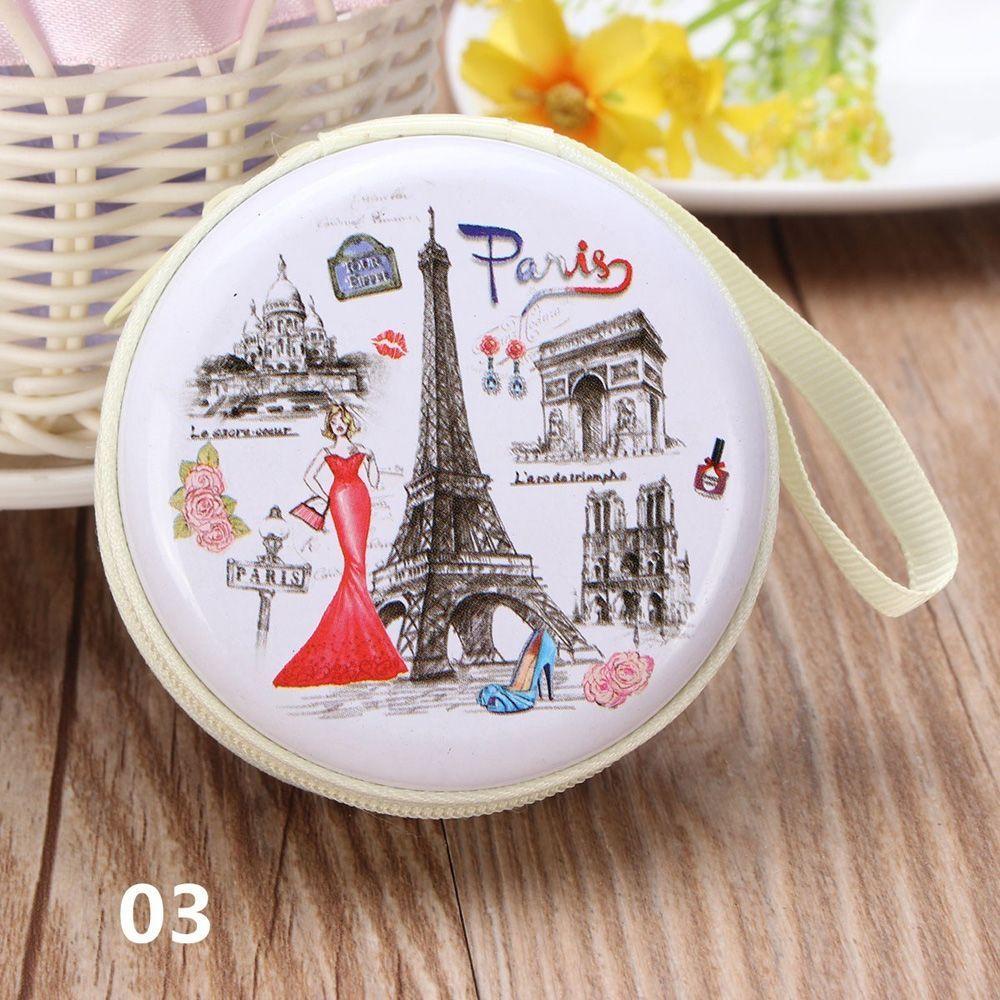 Túi Đựng Tai Nghe / Chìa Khóa Hình Tròn In Họa Tiết Tháp Paris Hoạt Hình Dễ Thương Thời Trang