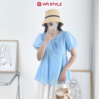 Áo babydoll nữ tay phồng VM Shop cột 2 nơ giữa vạt xòe thời trang ulzzang 020569 22SU012X1202
