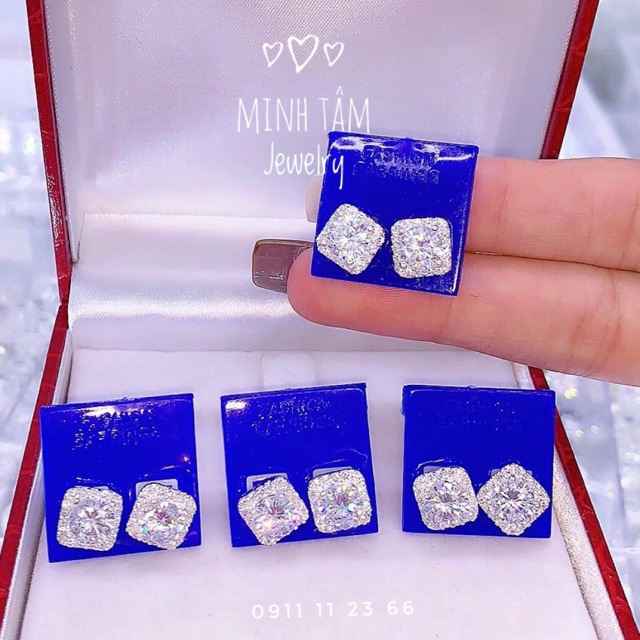 Bông tai bạc ta nụ đá vuông cao cấp-Minh Tâm Jewelry