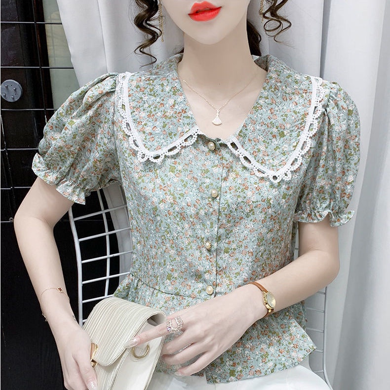 Áo Sơ Mi Voan Ngắn Tay Phối Ren Hoa Thời Trang Dành Cho Nữ