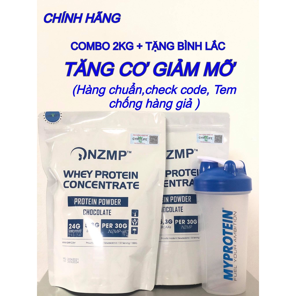 [ CHÍNH HÃNG  ] COMBO 2KG WHEY PROTEIN CONCENTRATE 80% NZMP + 1 BÌNH LẮC - Tăng Cơ Giảm Mỡ