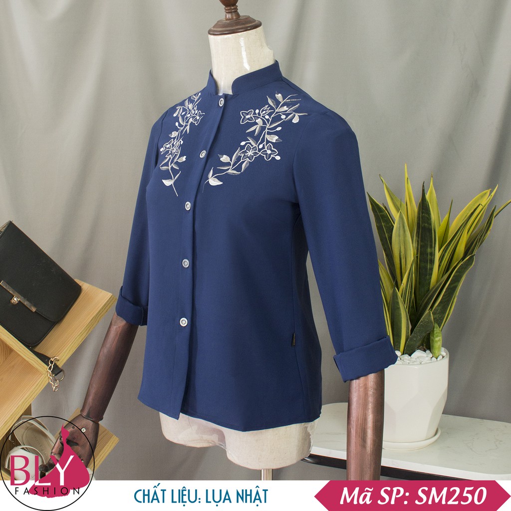 Áo sơ mi nữ cổ trụ xanh đen chất liệu Lụa Hàn Quốc BlyFashion SM250 thời trang công sở cao cấp Thanh lịch Sang trọng