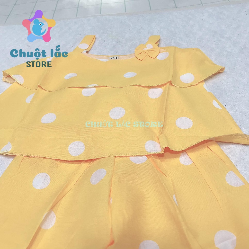 Bộ Quần Áo Bé Gái Chuột Lắc Store Chất Đũi Chấm Bi Áo 2 Dây Bèo Nơ Quần Lửng Cho Bé Từ 7Kg Đến 17Kg