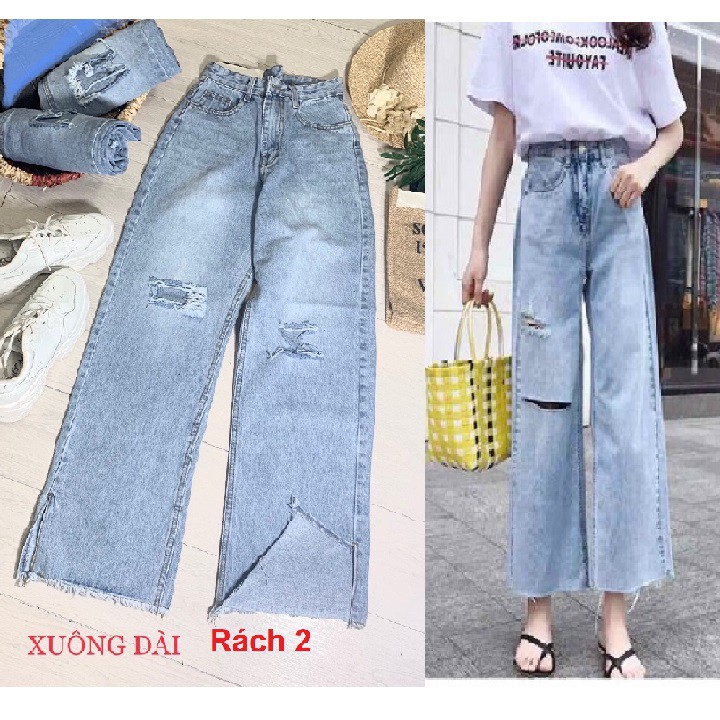 Quần jeans ống rộng rách gối - Cắt gấu OR3305