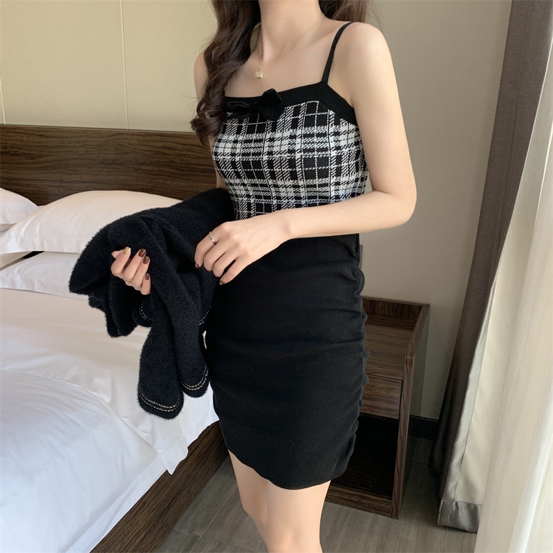 IELGY      Đầm Hai Dây Dệt Kim Dáng Chữ A Lưng Cao Ôm Dáng Phong Cách Pháp Thời Trang Cho Nữ