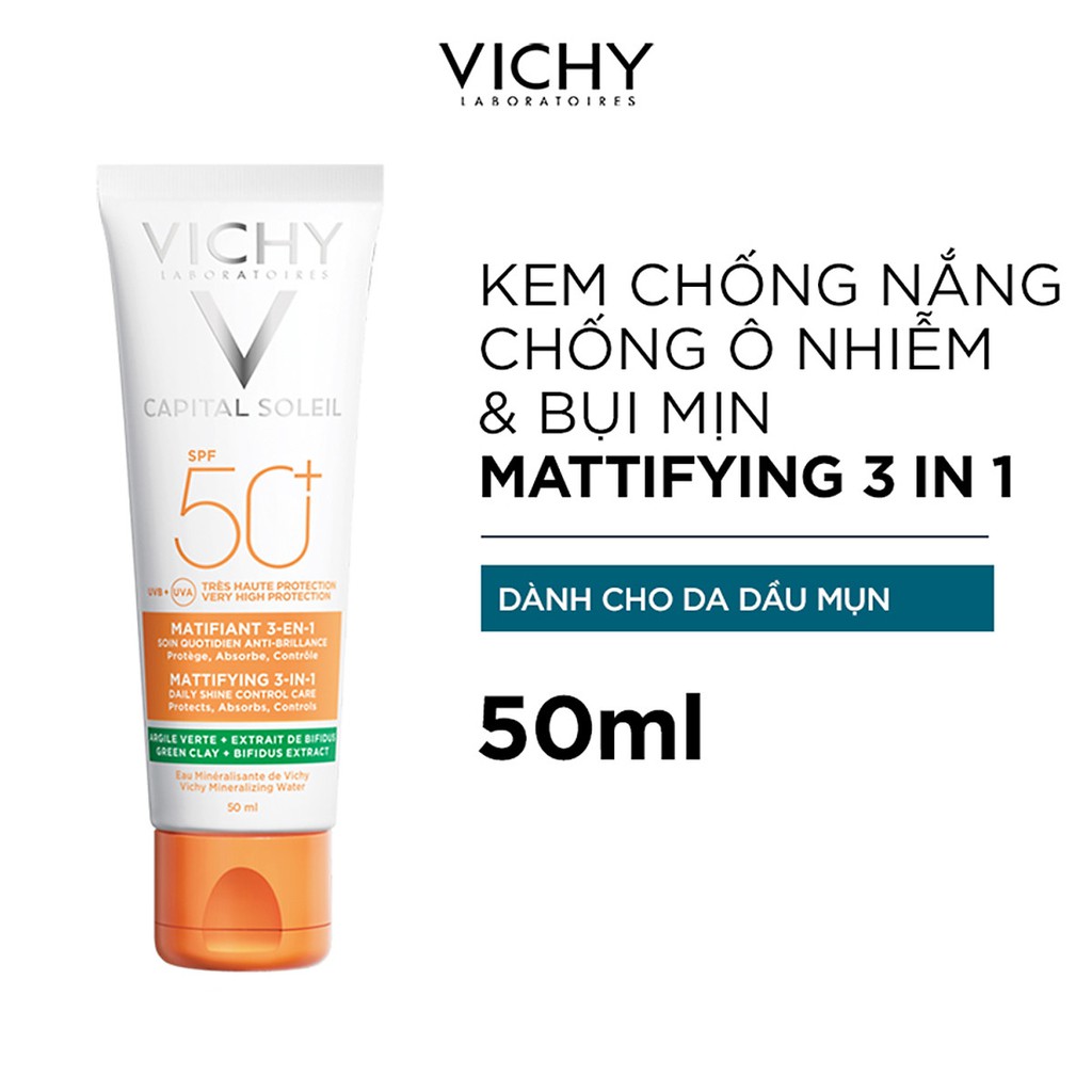 Kem Chống Nắng Vichy Capital Soleil 3in1 SPF 50+ 50ml - Da Mụn ( Hàng Chính Hãng)