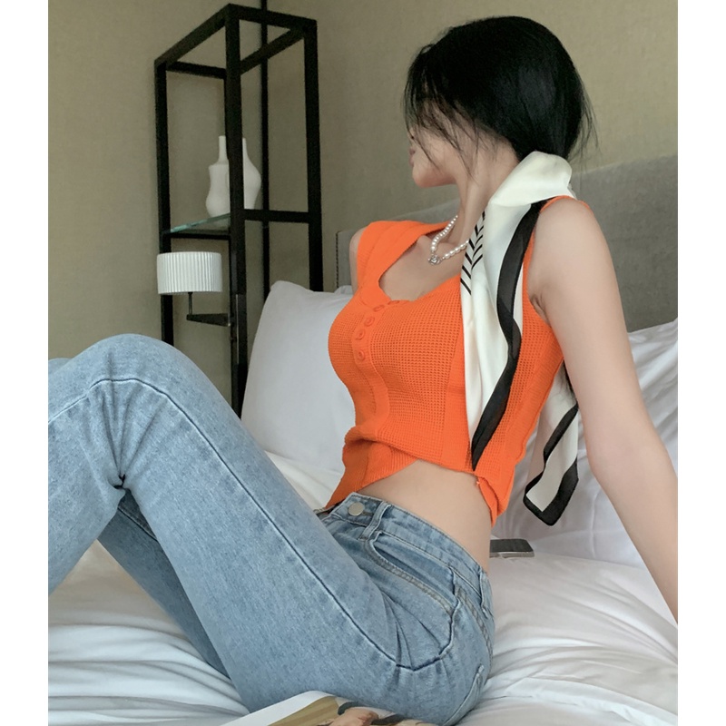 QKOOLE  Áo tank top Cổ Vuông Đính Nút Phong Cách Hàn Quốc Quyến Rũ Dành Cho Nữ