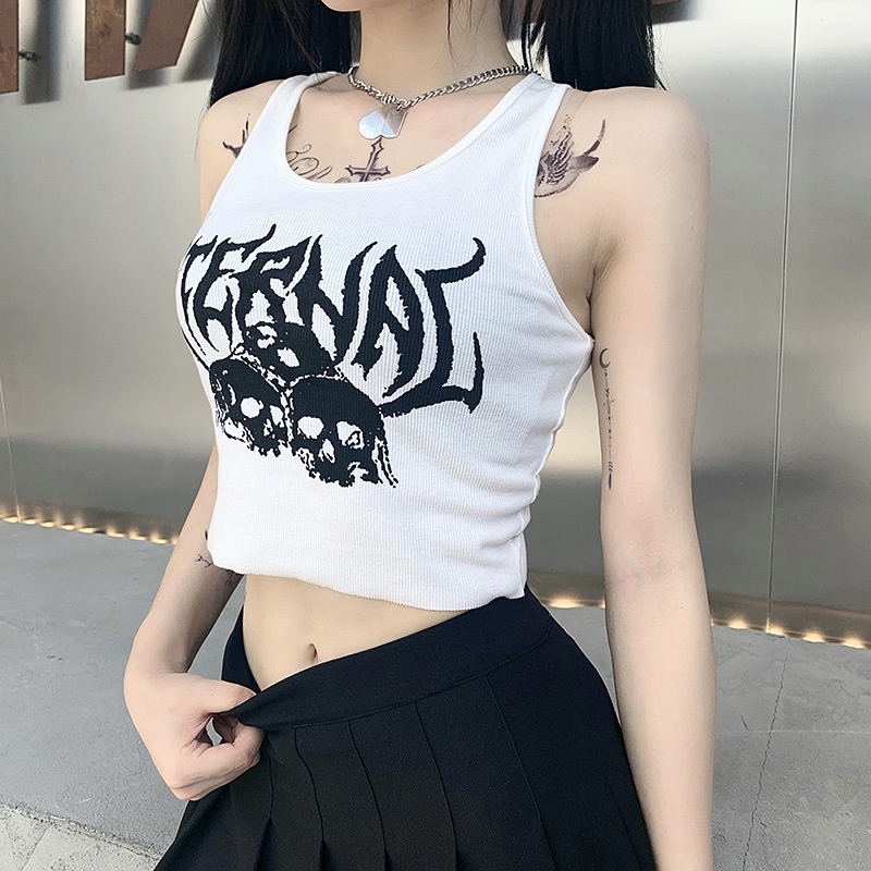 Áo Thun Sát Nách In Hình Đầu Lâu Cá Tính Dành Cho Nữ