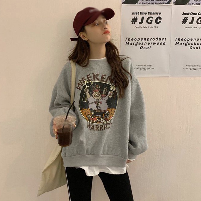 Áo nỉ nữ dài tay cổ tròn thời trang Hàn