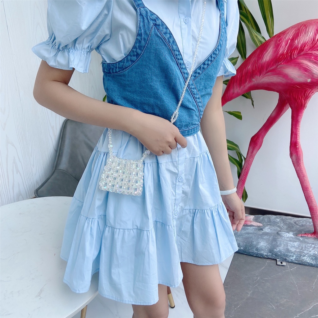 Túi đeo chéo mini đính hạt ngọc trai giả thủ công thời trang retro mùa hè 2021 sang trọng