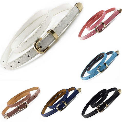 Women All Match Fashion Skinny Waist Belt Faux Leather Buckle Narrow Waistband