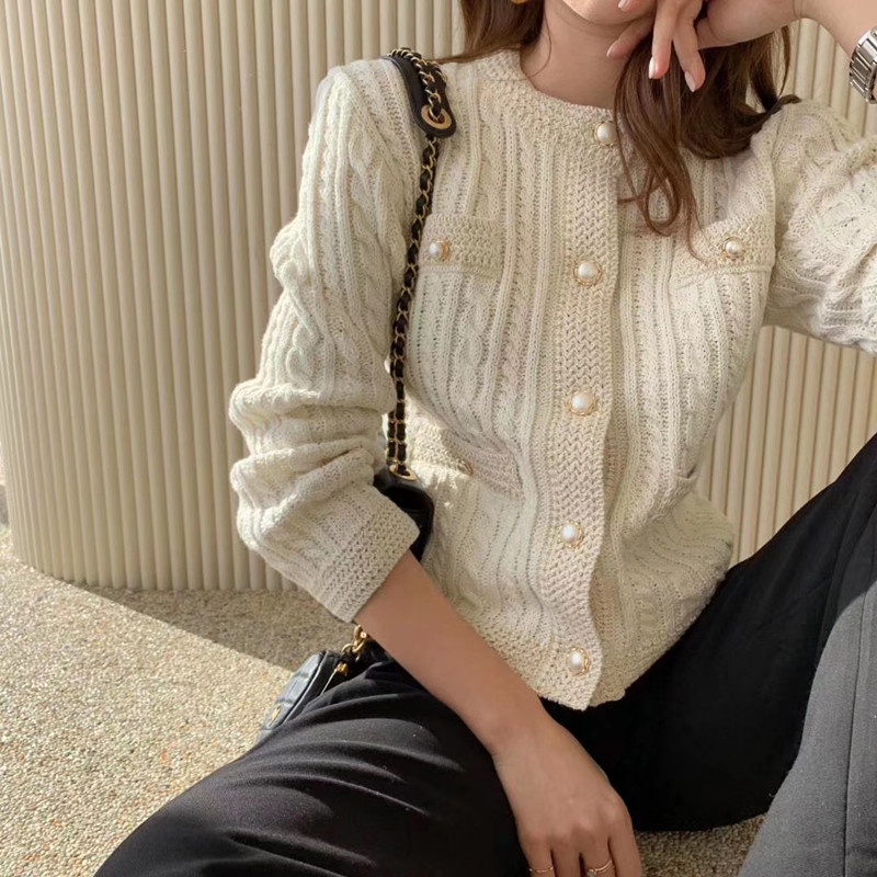 Áo khoác cardigan SUXI dệt kim cổ tròn phối nút phong cách retro Hàn Quốc cho nữ