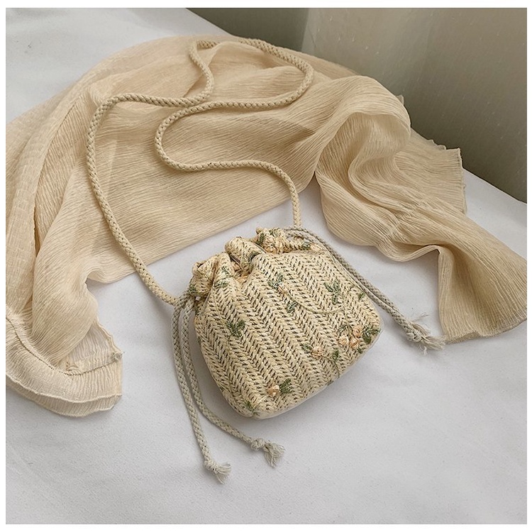 Túi Cói Miệng Gút Thêu Hoa Xinh Xắn Túi Cói Đi Biển L1323