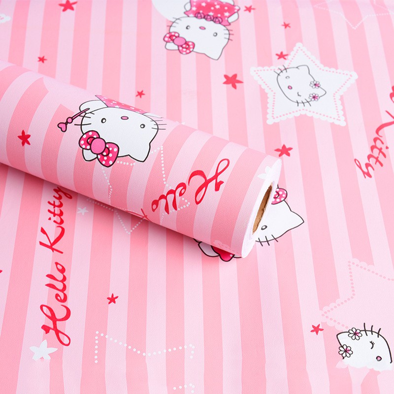 (Combo 5m) Giấy dán tường Hello Kitty sọc hồng khổ rộng 60cm có keo sẵn, Decal giấy dán tường màu hồng dễ thương