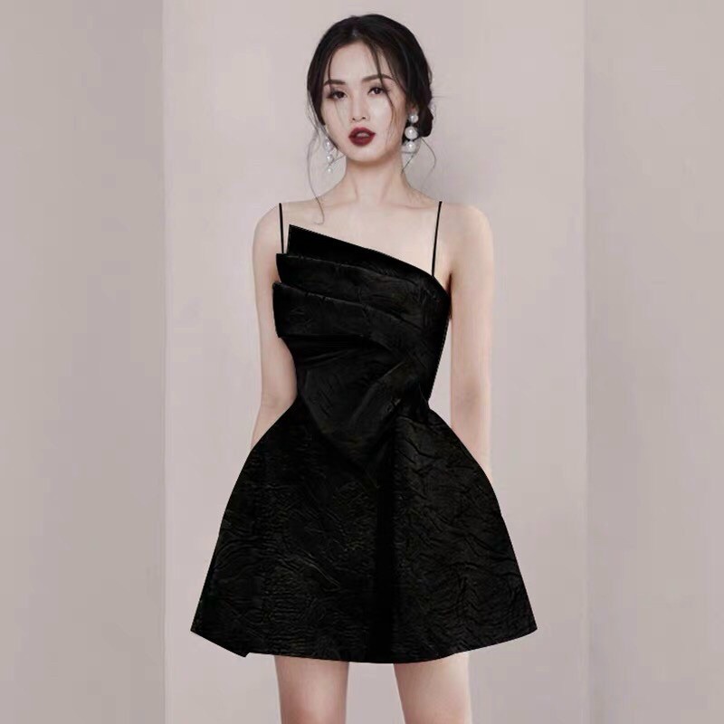 Đầm đen 2 dây dáng xoè dự tiệc sang trọng Chất liệu gấm cao cấp MINA MN127 | BigBuy360 - bigbuy360.vn