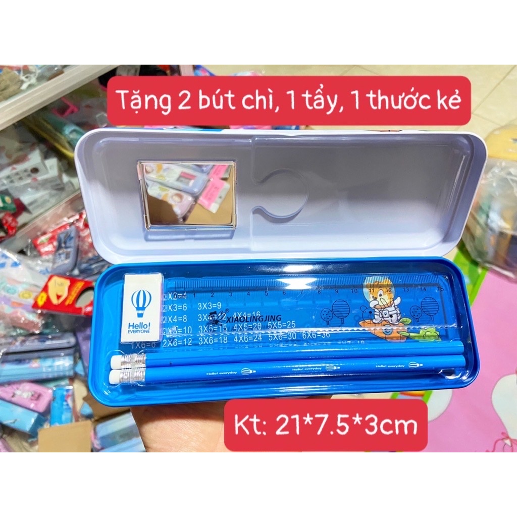 Hộp bút sắt 2 mặt, Bóp đựng bút tặng kèm bút chì và thước rất đẹp - Đức Huy Store