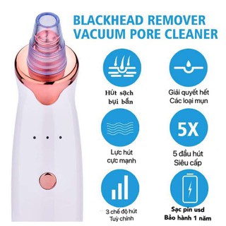 Máy Hút Mụn Đầu Đen Làm Sạch Da Mặt Sạc Pin [ 5 Đầu Hút}