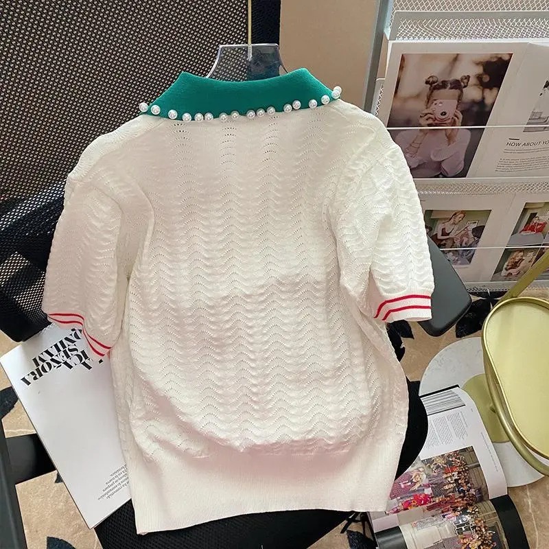 Áo thun ZHELIHANGFEI polo dệt kim thêu họa tiết ác quỷ / cherry phối màu sắc ngọc trai xinh xắn