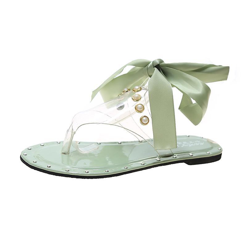 ☆ ☆ Giày Sandal Đế Bệt Đính Ngọc Trai Thời Trang Mùa Hè Dành Cho Nữ