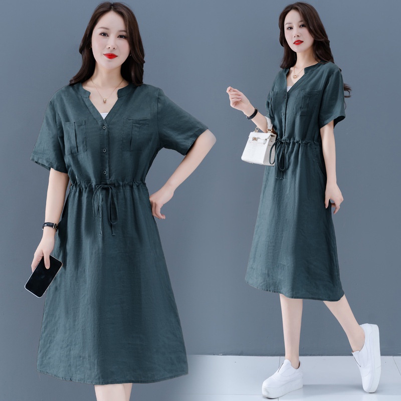 ( HÀNG SẴN) Đầm suông linen cổ V thắt eo 2 màu,thời trang nữ phong cách trẻ trung hàng mới về