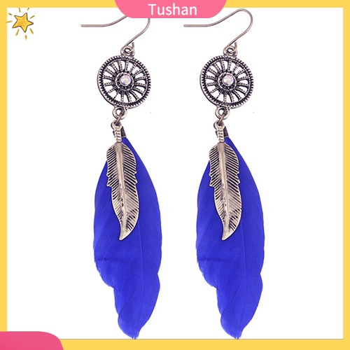 Khuyên tai hợp kim phối lông vũ thời trang vintage