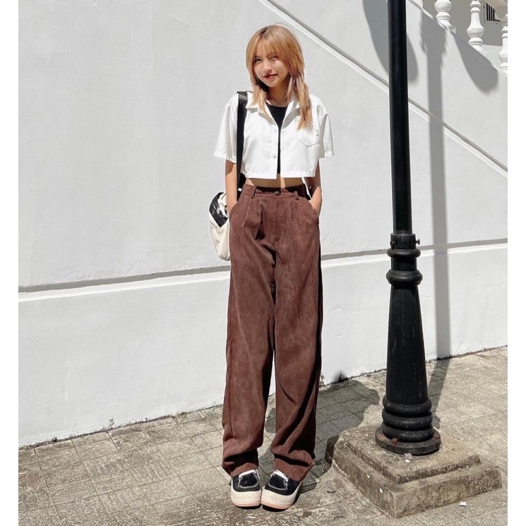 quần nhung tăm dày dặn ống rộng unisex có cạp chun sau phong cách hàn
