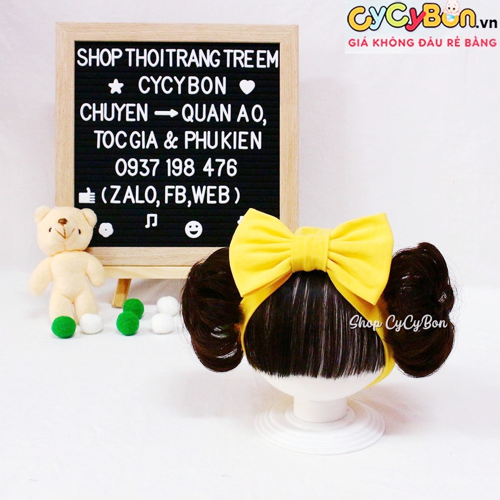 Mũ Nón Turban Tóc Giả Cho Bé Gái Thun Cotton Nơ Vàng Kèm Tóc Mái Và Tóc Giả 2 Bên - Có Đủ Size Kể Cả Sơ Sinh !