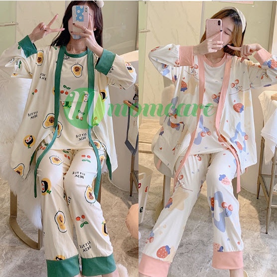Bộ Bầu Dài Tay Sau Sinh cho con bú Đồ bộ ngủ Kimono bầu đẹp mặc nhà (SET 3) - Quần áo thời trang cho mẹ giá rẻ Bigsize
