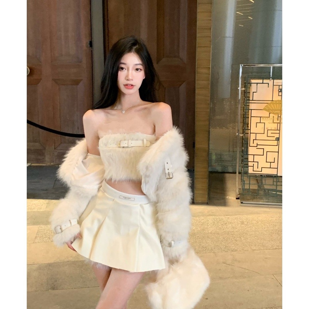 One Set Áo Khoác Cardigan Lông Nhung + Áo Ống Ngắn + Chân Váy Xếp Ly Thời Trang Thu Đông Cho Nữ