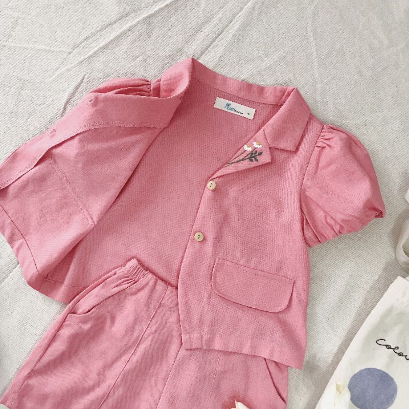 Bộ vest bé gái thêu hoa cúc vải linen mềm bé 1-10 tuổi