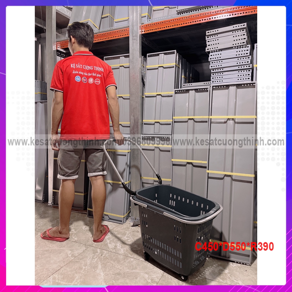 Giỏ kéo siêu thị, Tay ngả, sản phẩm giúp cho khách hàng đi siêu thị, mua sắm dễ dàng hơn.