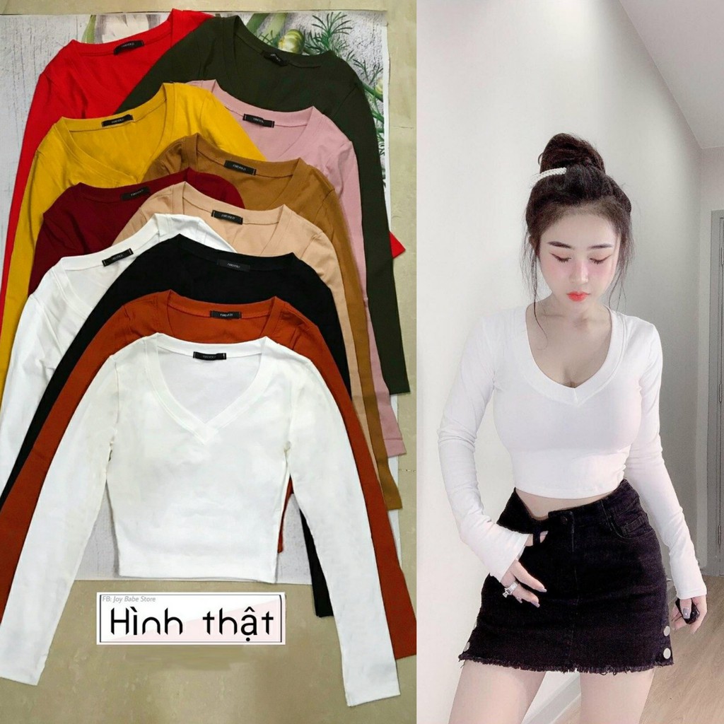 CROPTOP FO REVER 21 CỔ TIM THUN XỊN GIẶT MÁY ĐƯỢC - ÁO DÀI TAY ÔM BODY CO GIÃN TRƠN BASIC HOT GIRL GYM NĂNG ĐỘNG 23