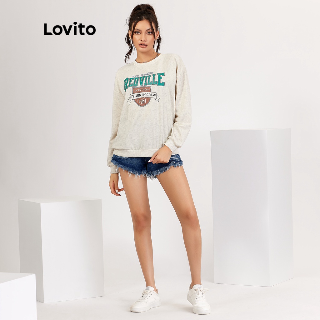 Áo sweater Lovito in chữ và hình nhân vật dệt kim sọc gân phong cách thường ngày L18X168