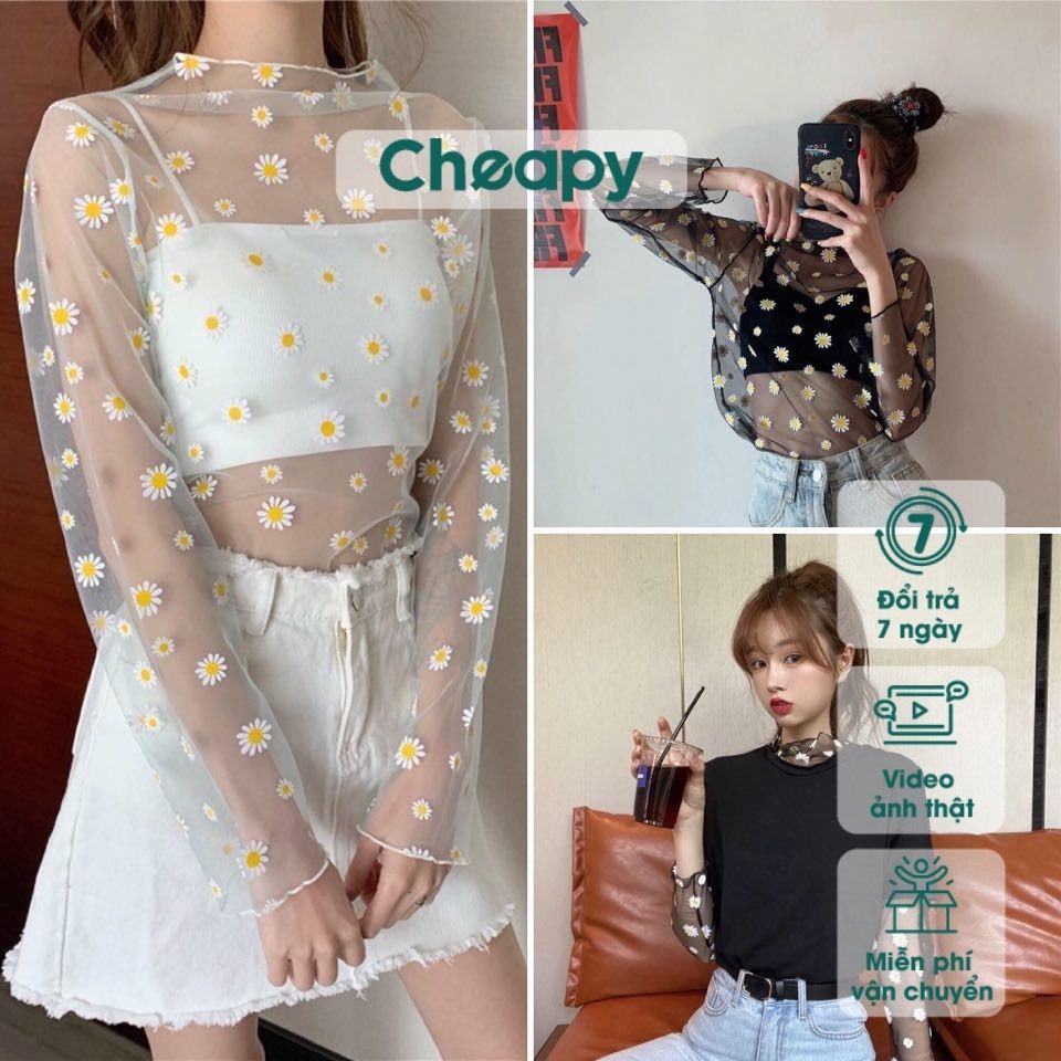 Áo voan hoa cúc dài tay đen trắng freesize sexy cá tính cheapy A0078