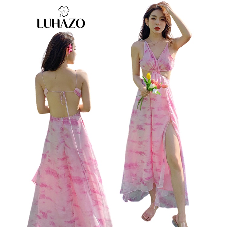 Váy Maxi đi biển LUHAZO sexy body dự tiệc dài xòe hở lưng cổ yếm Hàn Quốc thiết kế sang chảnh thời Trang 5801 DK7T105