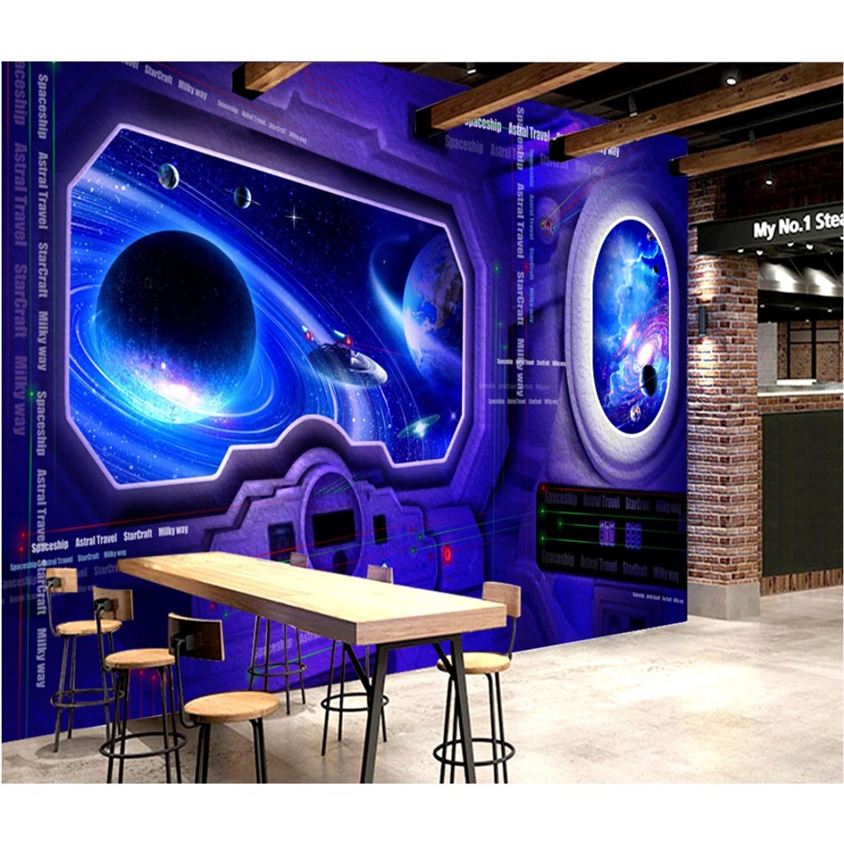 Giấy Dán Tường 3D Hình Tàu Không Gian Vũ Trụ Độc Đáo