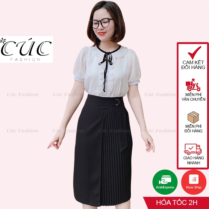 Áo sơ mi nữ cao cấp công sở Cúc Fashion A170 áo somi cổ tròn nơ đen