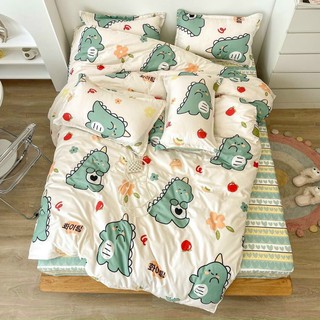 Bộ drap - chăn phao cotton poly 5 món khủng long cà chua