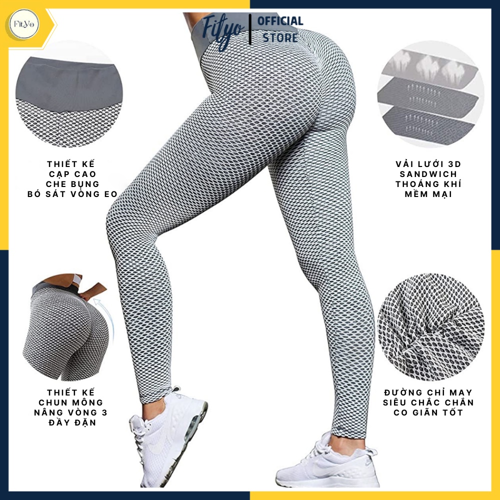 Quần tập gym nữ yoga FITYO FY02 cạp cao chun mông tôn dáng vải legging 3D co dãn 4 chiều thoáng mát màu xám