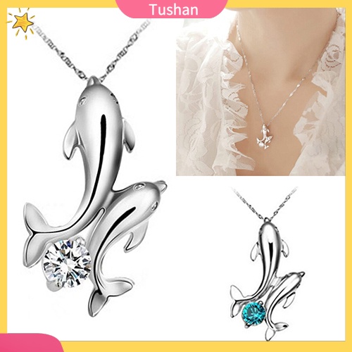 TUSH_Cute Silver Plated Double Dolphins Pendant Charm Chain Necklace Lady Jewelry