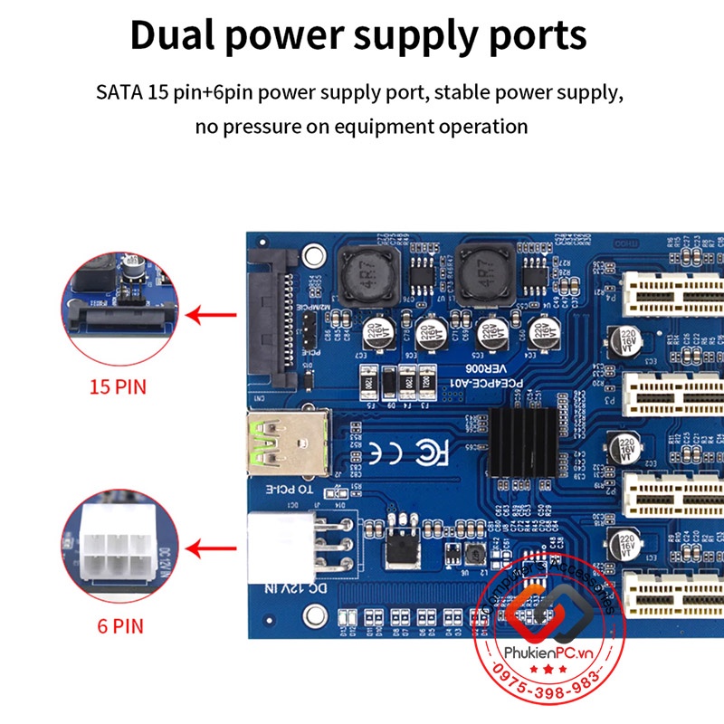 Card Riser mở rộng PCIe 1x ra 4 Port PCIe 1X lắp cùng lúc 4 card