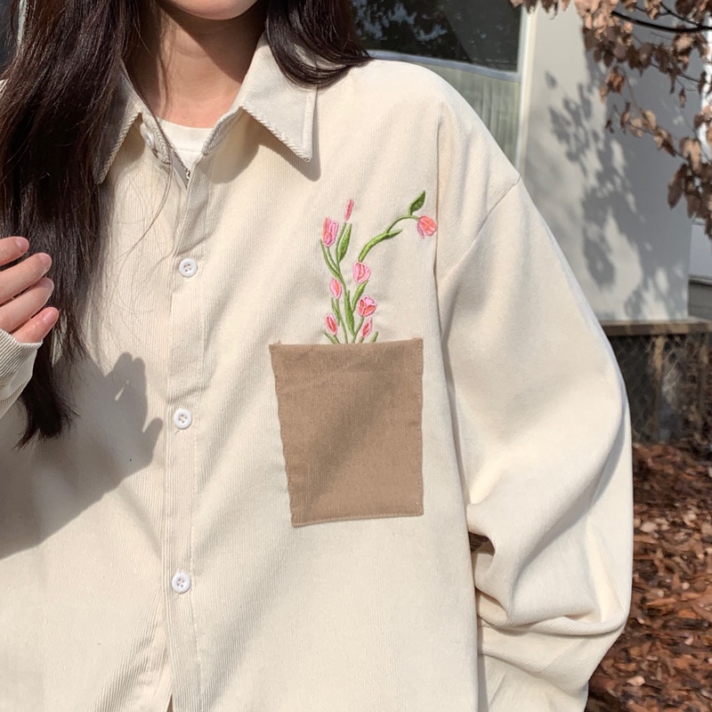 Áo Sơ Mi Nhung Kẻ Dài Tay Dáng Rộng Cổ Polo Thêu Họa Tiết Vintage Mỹ Cho Nữ