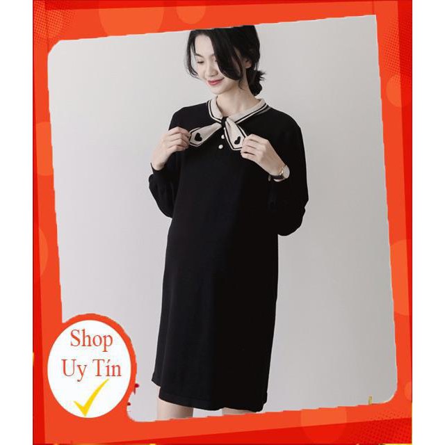 ( MẪU MỚI ) ✅ Váy len suông dành cho mẹ bầu mùa đông màu đen kểu dáng trẻ trung, năng động (nơ cổ đan) B40