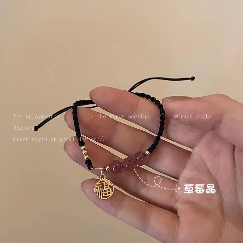 Vòng Tay Dây Bện Mặt Đá Opal Phiên Bản Hàn Quốc Màu Đen Có Thể Điều Chỉnh Cho Bạn Gái