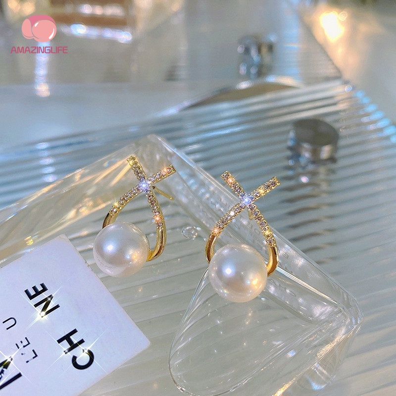 Khuyên Tai Đính Hạt Ngọc Trai / Đá Giả Kim Cương / Ngọc Trai Hình Chữ Thập Thanh Lịch Cổ Điển Cho Tiệc Cưới