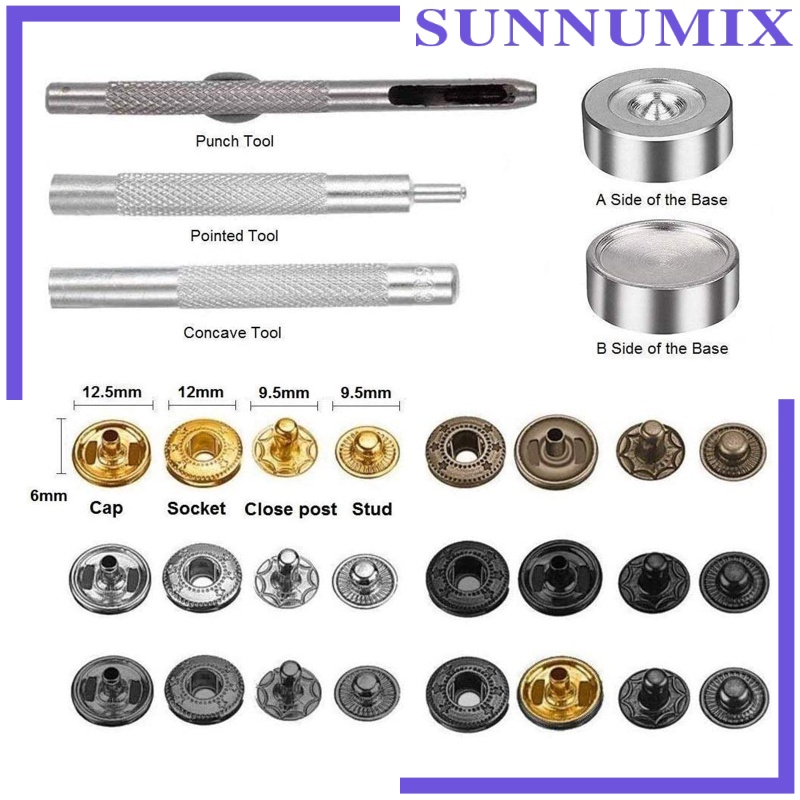 [SUNNIMIX] 1Set Snap Fastener Kit, Press Studs Snap Fasteners Clothing Snaps Button with 4 Pcs Installation Tools for Bags, Jeans, Clothes, Fabric, Leather Craft