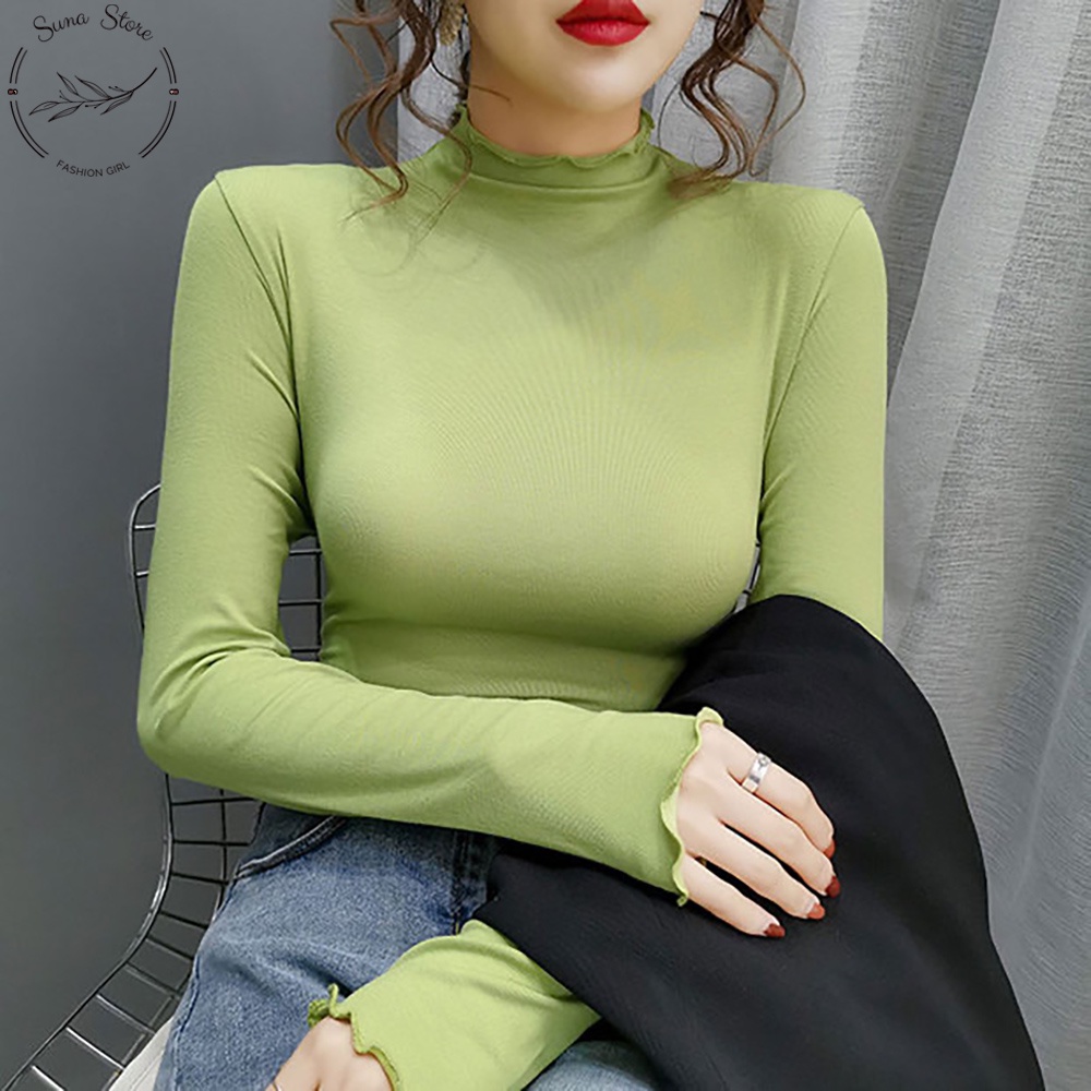 [Quà tặng là kẹo] Áo thun nữ tay dài cổ cao ôm body, Áo phông nữ có cổ len tăm SUNA FASHION từ 40-60Kg AT01 | BigBuy360 - bigbuy360.vn